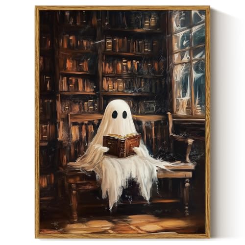 ARPEOTCY Vintage Framed Canvas Wall Art, 12x16inch, Vintage Library Ghost Wall Decor, Dark Academia Art Prints Home Decorations, Moody Halloween Paintings for Living Room Bedroom Office Decor - color: Read a Book, size: 16"L x 12"W