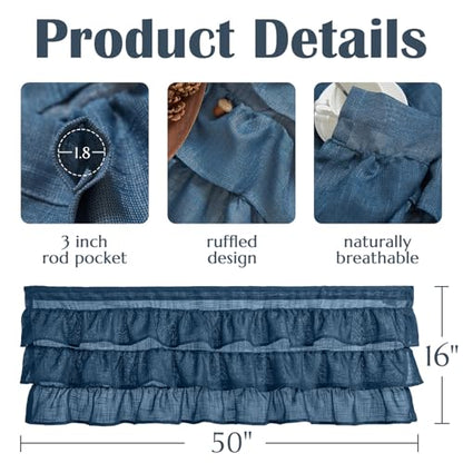 jinchan Ruffled Kitchen Window Valance Curtain, 18 Inch, 1 Panel, Blue Gray - color: 3-tier Ruffle | Blue Gray, size: 50"W x 18"L (Pack of 1)