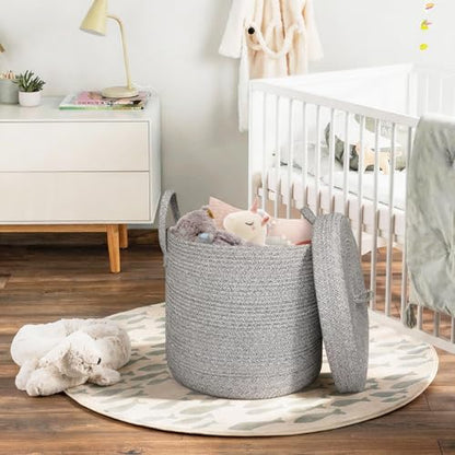 15”x13” Storage Basket with Lid, Blanket Storage for Living Room, Woven Cotton Rope Bin with Cover, Kids Dog Toy Box, Baby Laundry Basket with Lid, Covered Blankets Pillows Holder, Gray - color: Natural Beige