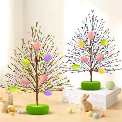 TURNMEON Easter Decorations 2 Pack Easter Tree with 14 Pastel Eggs Ornaments and Floral Berry Blossom, 15'' Tabletop Artificial Tree Easter Decor for Spring Party Table Centerpiece Room Home