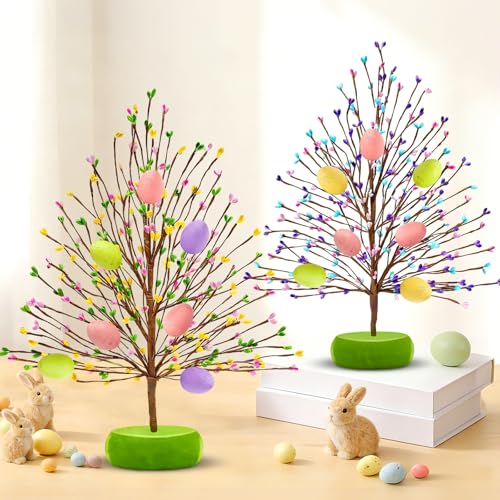 TURNMEON Easter Decorations 2 Pack Easter Tree with 14 Pastel Eggs Ornaments and Floral Berry Blossom, 15'' Tabletop Artificial Tree Easter Decor for Spring Party Table Centerpiece Room Home