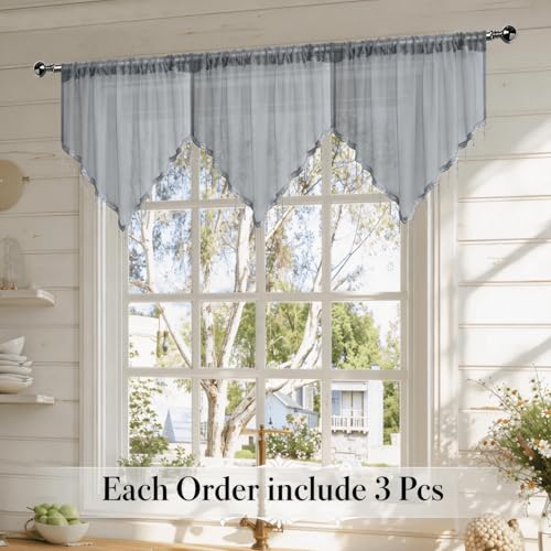 WUBODTI Grey Sheer Beaded Valance Curtains for Windows, Boho Bead Tassels Voile Kitchen Swag Curtain Triangle Sheer Valances Window Valances for Bedroom Living Room Bathroom,3PCs, Each W51 x L24 - color: Grey