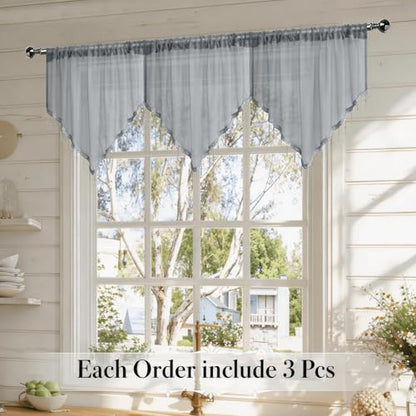WUBODTI Grey Sheer Beaded Valance Curtains for Windows, Boho Bead Tassels Voile Kitchen Swag Curtain Triangle Sheer Valances Window Valances for Bedroom Living Room Bathroom,3PCs, Each W51 x L24 - color: Grey