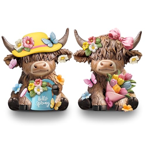 Karenhi 2 Pcs Highland Cow Figurines, Spring Floral Table Decor - style: Spring