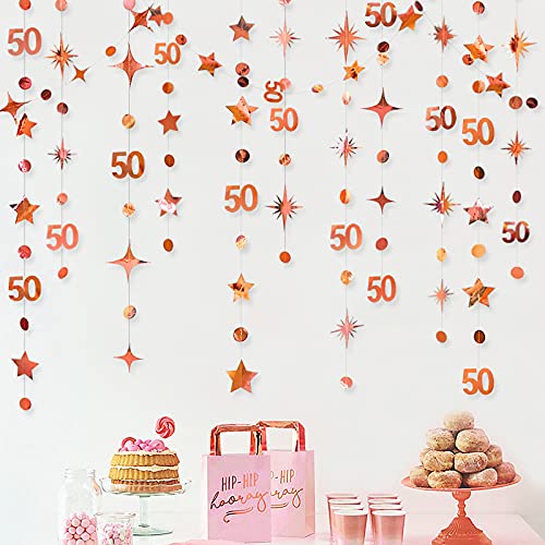 Rose Gold 50th Birthday Decorations Number 50 Circle Dot Twinkle Star Garland Metallic Hanging Streamer Bunting Banner Backdrop for 50 Year Old Birthday Happy 50th Anniversary Fiftieth Party Supplies - color: Rose Gold