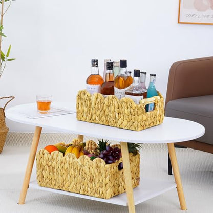 2Pack Scalloped Edge Wicker Basket,Hand-Woven Rattan Baskets with Wooden Handles,Natural Water Hyacinth Basket for Laundry,Shelves,Decorative Basket