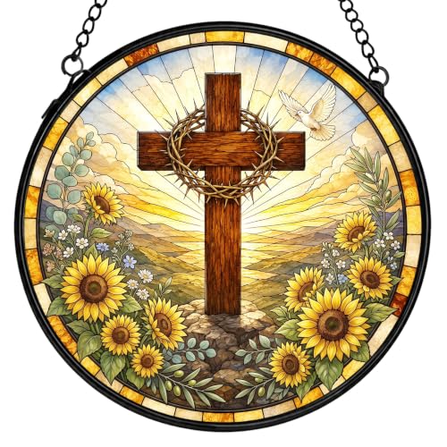 Sunflower Christian Stained Glass Window Hanging Decorations 7.9x7.9 - color: Crucifix-5