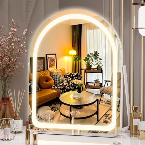 Hasipu Vanity Mirror with Lights, 11"× 14" Arched LED Makeup Mirror, Lighted Makeup Mirror with Lights, Smart Touch Control Dimmable 3 Modes Light 360°Rotation White - size: 11"L x 14"W