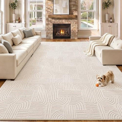 Etwel 8x10 Beige Modern Geometric Textured High-Low Pile Washable Area Rug - color: Neutral Beige, size: 8' x 10'