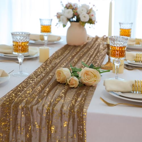 Snowkingdom 3Pcs 10Ft Coffee Gold Gauze Sheer Table Runner - color: Coffee Gold, size: 10FT/3Pcs