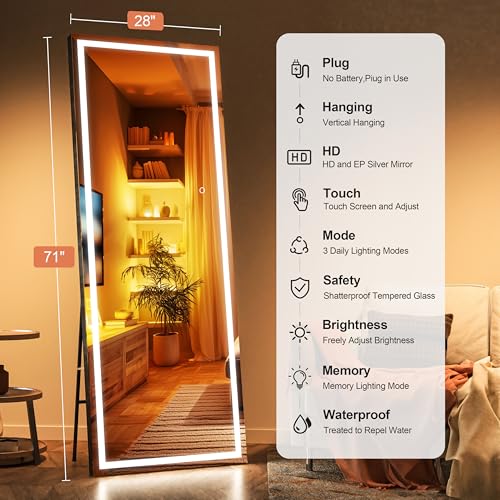 71" x 28" Full Length Mirror with Lights, LED Lighted Floor Standing Body Mirror, Dimmable & 3 Color Lighting for Bedroom, Cloakroom, Dressing Room, Tempered Glass, Black Frame - color: Black, size: 71"L x 28"W