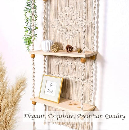 Macrame Wall Hanging Shelf 3 Tier Boho Wall Plant Hanger Shelves, Handmade of Woven Rope Boho Shelves Organizer for Living Room Bathroom Home Storage Floating Plant Rack Bohemian décor - size: Tier 3