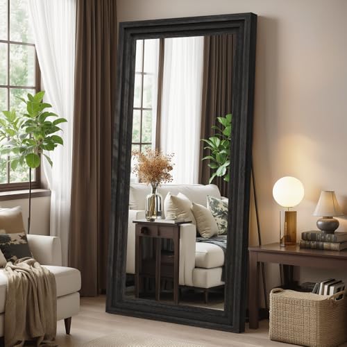 Wood Full Length Mirror 71"x30", Large Solid Wood Frame Floor Mirror - color: Black, size: 71"L x 30"W