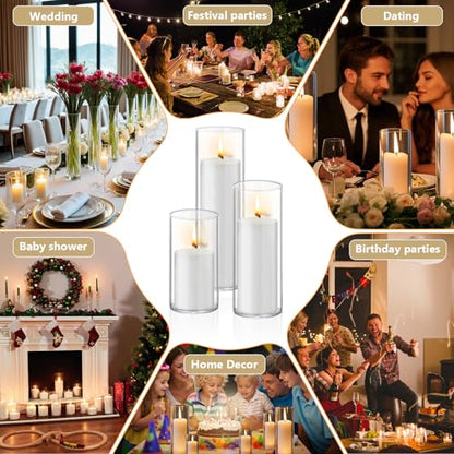 Homjoy 12 PCS White Pillar Candles with Glass Candle Holders Clear Hurricane Candle Holders Glass Cylinder Vases for Centerpieces Wedding Party, Event, Home Office (6 Candles+6 Candle Hoders) - style: 12 PCS White