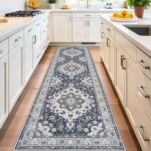 3x10 Washable Hallway Runner Rugs: Vintage Stain Resistant Rug for Kitchen Floral Living Room Bedroom Carpet with Non-Slip Backing Soft Low Pile Farmhouse Floor Mats for Entrance Laundry (3x10,Blue) - color: Blue, size: 3' x 10' (Rectangular)