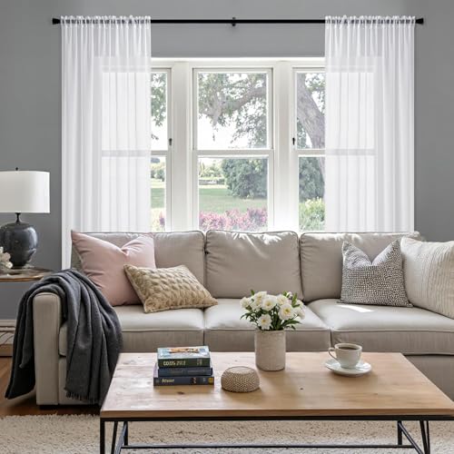 MIULEE White Linen Textured Semi-Sheer Curtains 42W×45L Kitchen 2 Panels - color: White, size: 42"W x 45"L (Pack of 2)