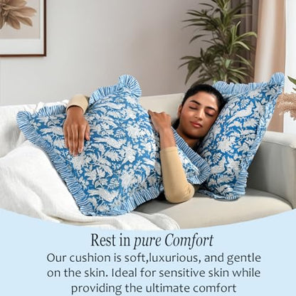 CPC Blue Sapphire Block Print Ruffle Pillow Cover 18x18 Inch, Pack of 2 - color: Blue Sapphire, size: 18" x 18" (Pack of 2)