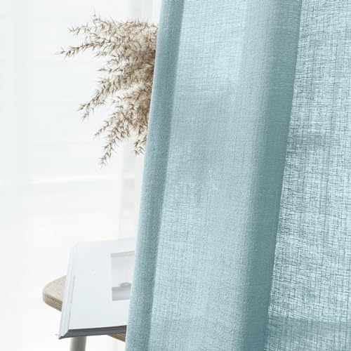 Melodieux Blue Semi Sheer Curtains 63 Inch Length for Small Windows Living Room Bedroom Linen Look Rustic Grommet Voile Drapes, 42 x 63 Inch (2 Panels) - color: Blue, size: 42"W x 63"L (Pack of 2)