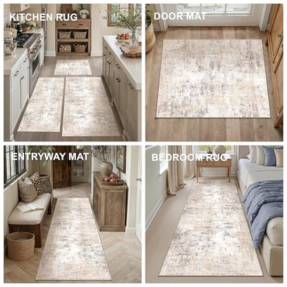 Washable Beige Grey Neutral Kitchen Runner Rug Set of 3 - color: Abstract | Beige Grey, size: 20"x32"+20"x48"+30"x50"