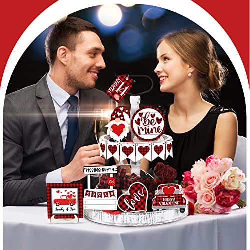 12 Pieces Valentine's Day Tiered Tray Decor Buffalo Plaid Table Wooden Sign Decorations Gnome Tabletop Heart Signs Be Mine Love Decor for Valentine's Day Party Home Kitchen Holiday(Plaid Heart) - style: Plaid Heart