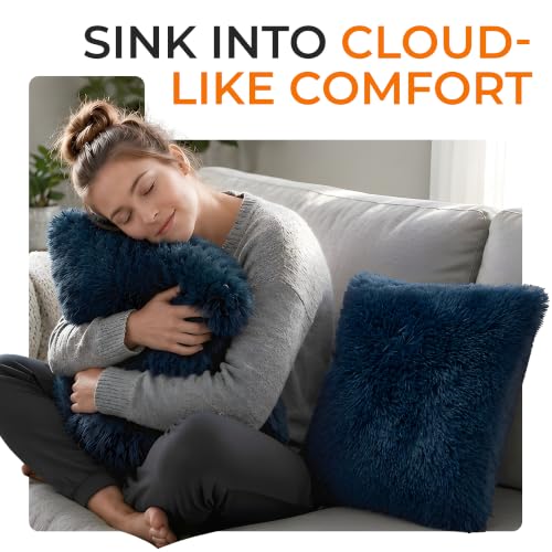 Cheer Collection Throw Pillows for Couch and Bed, Soft Shaggy Throw Pillows with Inserts Included, Cozy Long Hair Faux Fur Pillows - Set of 2-18" x 18" - Navy Blue - color: Navy Blue, size: 18 x 18-Inch