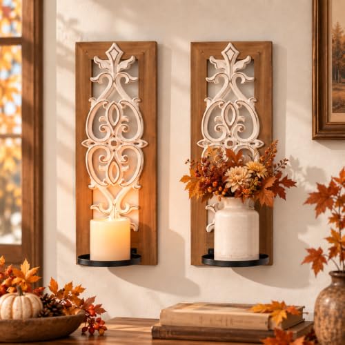 Farmhouse Wall Decor Set of 2: Wood Carved Wall Candle Holder - color: 3d Embossed