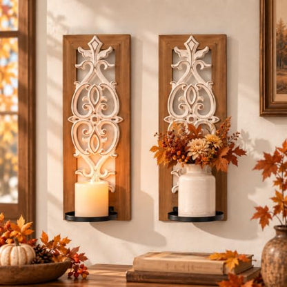 Farmhouse Wall Decor Set of 2: Wood Carved Wall Candle Holder - color: 3d Embossed