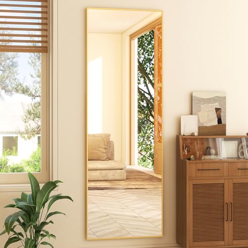 GLSLAND 59"x16" Full Length Mirror Full Body Mirror Freestanding Hanging or Leaning Rectangle Floor Mirror Aluminum Alloy for Bedroom Bathroom Living Room,Gold - color: Gold, size: 59"L x 16"W