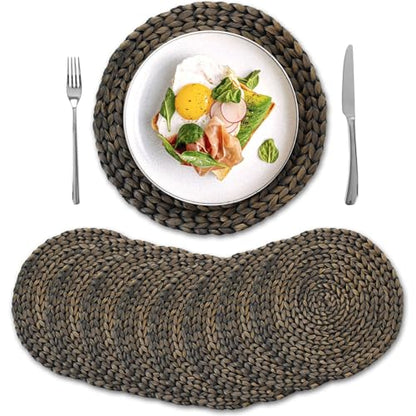 8 Pack, Round Woven Placemats, Natural Water Hyacinth Wicker Place Mats, Braided Straw Table Mats for Dining Table, Fall, Halloween, Thanksgiving, Christmas, Black (13.8 inch) - color: Black (Set of 8)