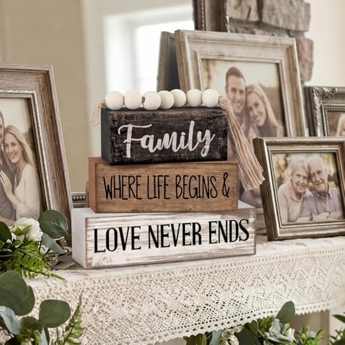 Yuntau 4 Pcs Farmhouse Tabletop Decor Wood Stacked Sign Blocks Family - style: Famliy