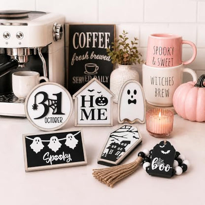 6Pcs Halloween Table Decoration Spooky Ghost Wooden Signs - color: Halloween Black Sign