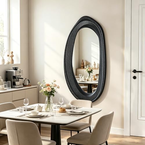 POZINO 55"x24" Large Irregular Wall Mirror, Black Asymmetrical Oval Mirror - size: 55"L x 24"W