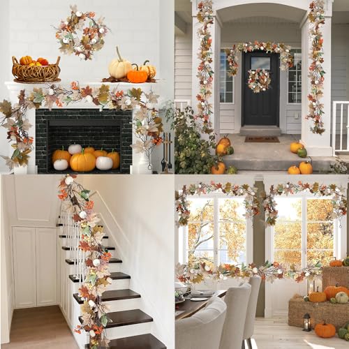 6.2FT Fall Maple Pumpkin Berry Garland with Lights and Timer - Mixed Gray - color: Mixed Gray