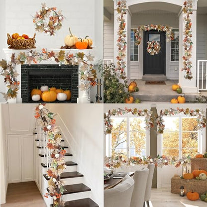 6.2FT Fall Maple Pumpkin Berry Garland with Lights and Timer - Mixed Gray - color: Mixed Gray
