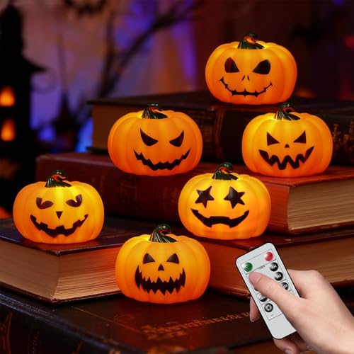 Wondise 6Pack Halloween Pumpkin Tea Lights with Remote and Timer - color: 4-Orange