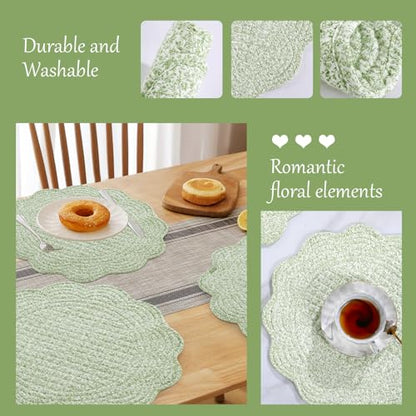 HOMBYS Quilted Placemats Set of 4 Washable Round Placemats for Kitchen Table-100% Cotton Fabric Round Table Mats, (White with Green Flower) - color: White With Green Flower