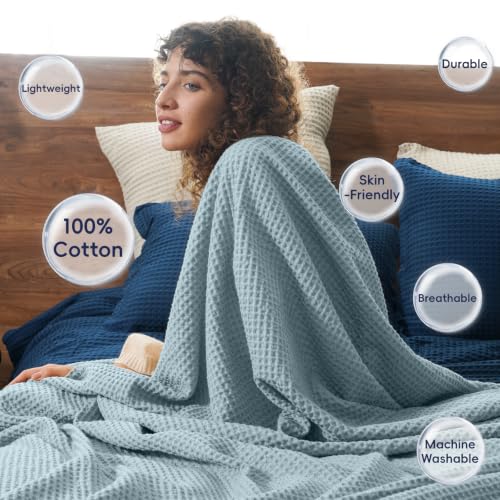 PHF 100% Cotton Waffle Blanket Lightweight Breathable, Queen, Dusty Blue - color: Dusty Blue, size: Queen(90" x 90")