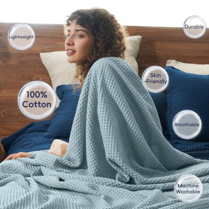 PHF 100% Cotton Waffle Blanket Lightweight Breathable, Queen, Dusty Blue - color: Dusty Blue, size: Queen(90" x 90")
