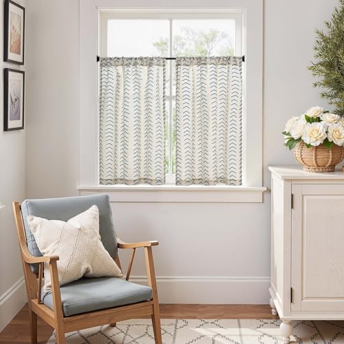 jinchan Blue Boho Linen Kitchen Tier Curtains 36 Inches Rod Pocket 2 Panels - color: Arrow | Blue on Linen, size: 26"W x 36"L (Pack of 2)