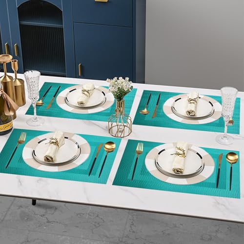 PIGCHCY Placemats Washable Vinyl Woven Table Mats,Elegant Durable Placemats for Dining Table Set of 4 (18 x 12 inches, Turquoise Blue) - color: Box: Turquoise Blue, size: 4 Placemats