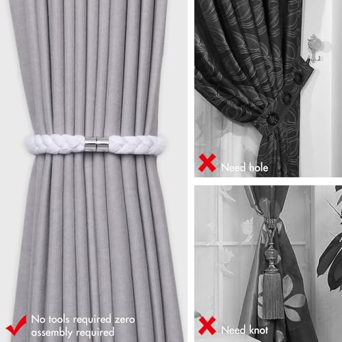 NICEEC 2 Pack Natural Cotton Rope Magnetic Curtain Tiebacks Elegant Twisted Braid Style Drape Tie Backs Soft Hand-Woven Rope Curtain Holdbacks for Home & Office Window Draperies (White-01) - color: White-01, size: 2 Pack