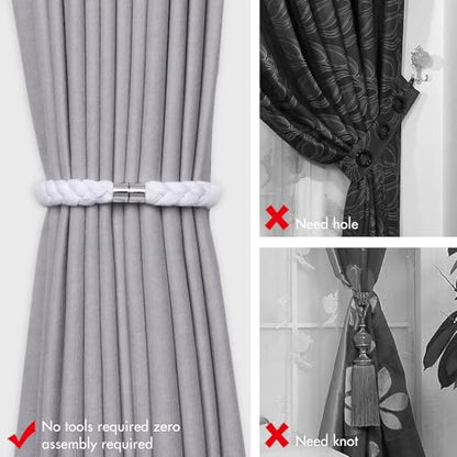 NICEEC 4 Pack Natural Cotton Rope Magnetic Curtain Tiebacks Elegant Twisted Braid Style Drape Tie Backs Soft Hand-Woven Rope Curtain Holdbacks for Home & Office Window Draperies (White-01) - color: White-01, size: 4 Pack