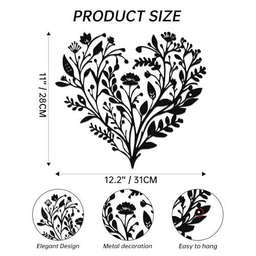 JEWLOVE Floral Heart Wall Art, Metal Flowers Decor | Heart filled with metal flowers and leaves; botanical wall decor for living room, bedroom; 12.2x11in; love, valentine gift