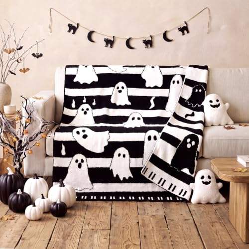 Halloween Ghost Blanket Cute Boo Knitted Throw Blanket 50 x 60 in - color: Black and White, style: Halloween Cute Ghost