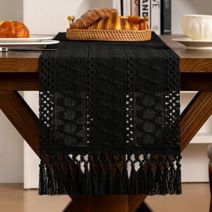 Black Woven Table Runner Cotton Linen Boho with Tassels 11"×48" - color: Black, size: 11" × 48"