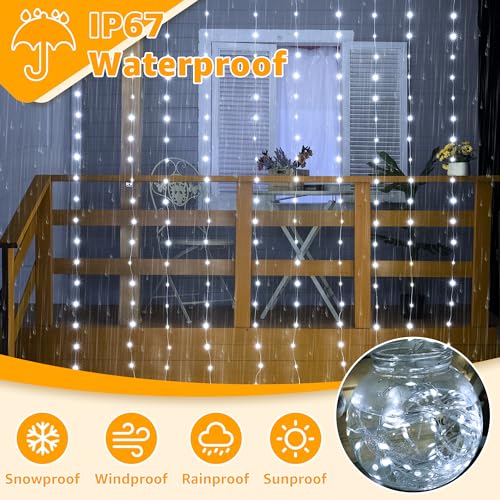 Ollny Curtain Lights 300LED 9.8ftx9.8ft, Connectable IP67 Waterproof - color: Cool White, size: 9.8 ft