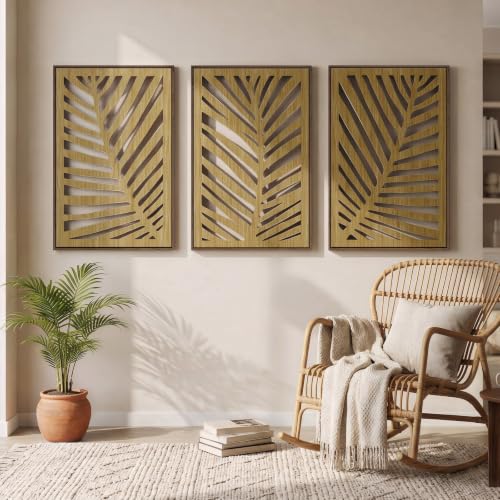 Large Framed Boho Cutout Carved Wood Wall Art for Living Room, 24x36 Inch - color: Brown Color