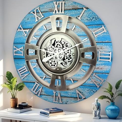 ImprovingLife The Gears Clock Real Moving Gear Wall Clock England Line (Ocean Blue, 24 inches (60 cm)) - color: Ocean Blue, size: 24 inches (60 cm)