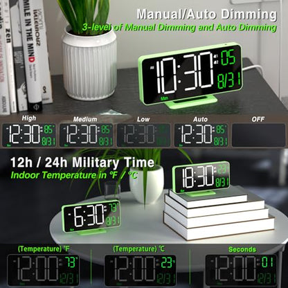KOSUMOSU Small Digital Clock, 6.7in Alarm Clocks for Bedrooms, Auto Dimming, Room Temperature, Day of The Week, Seconds, Date, Desk Clock for Bedroom, Digital Clocks for Living Room - color: Green (White + Green Digits)