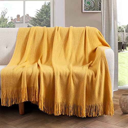 Vonty Mustard Yellow Knitted Throw Blanket with Tassels, 50x60 Acrylic - color: Yellow, size: 50" x 60"